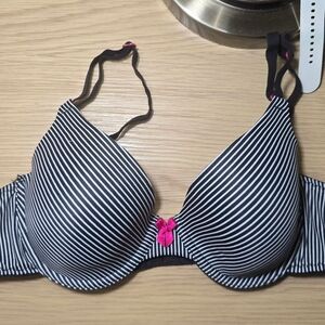 Black and White Striped Bra with Pink Accent